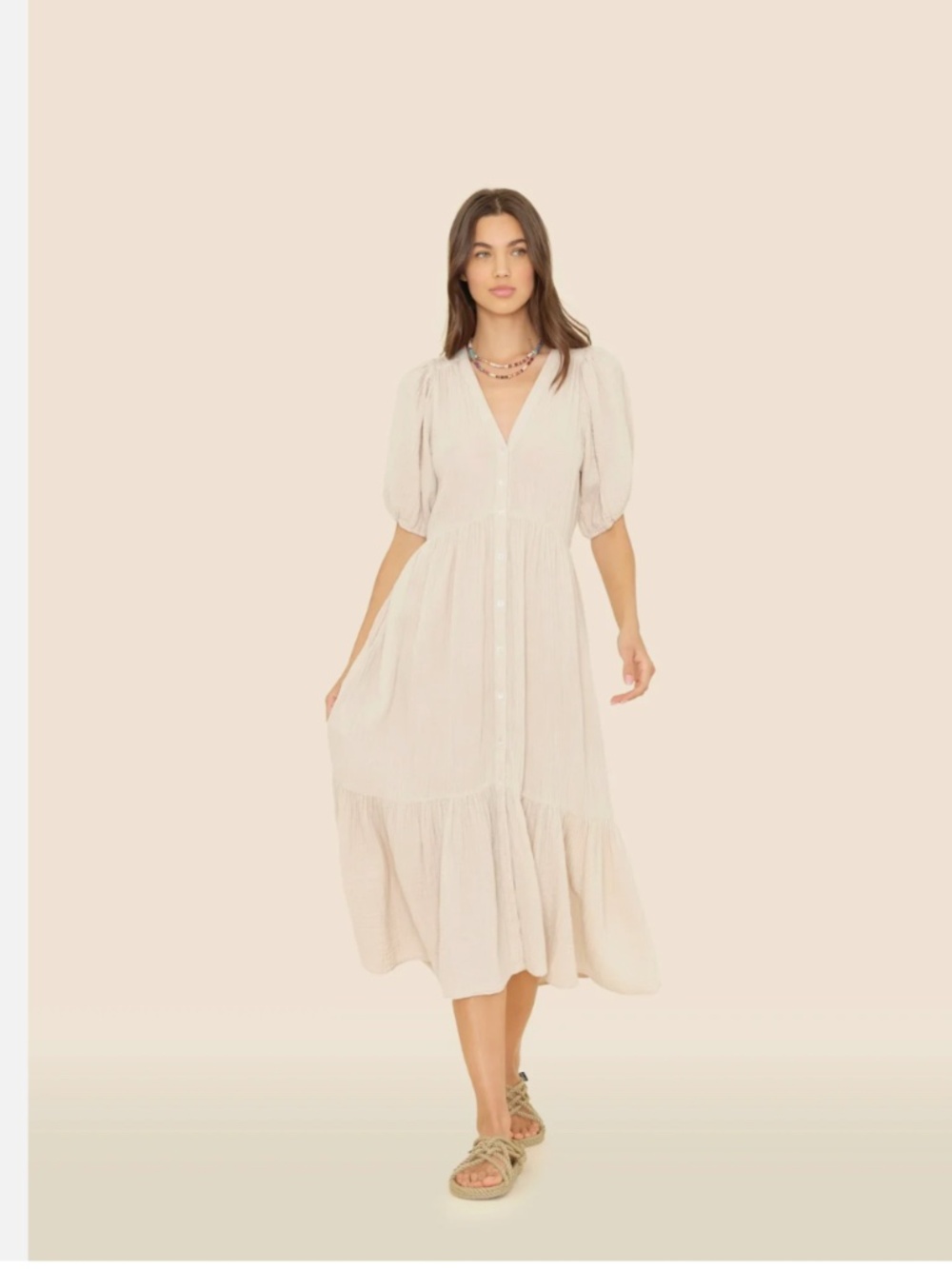 Xirena Beige Lennox Short Sleeve Midi Cotton Gauze Dress S New